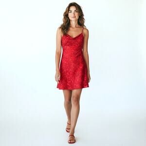 DELICATES Red Satin Floral Print Sheer Cowl Neck Slip Dress S Coquette Fairy Y2K